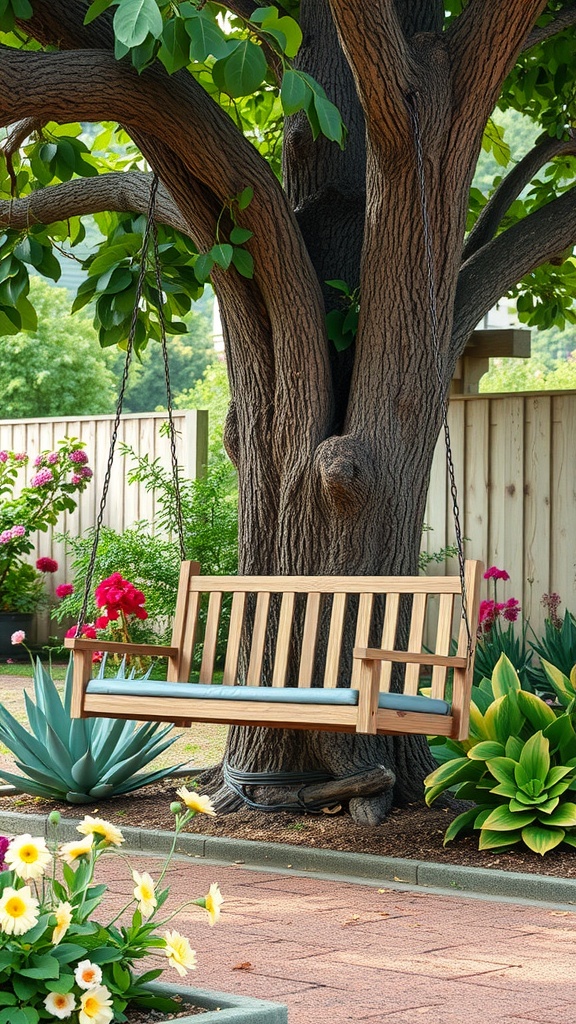 A wooden garden swing hangs from a tree, surrounded by colorful flowers and green plants.