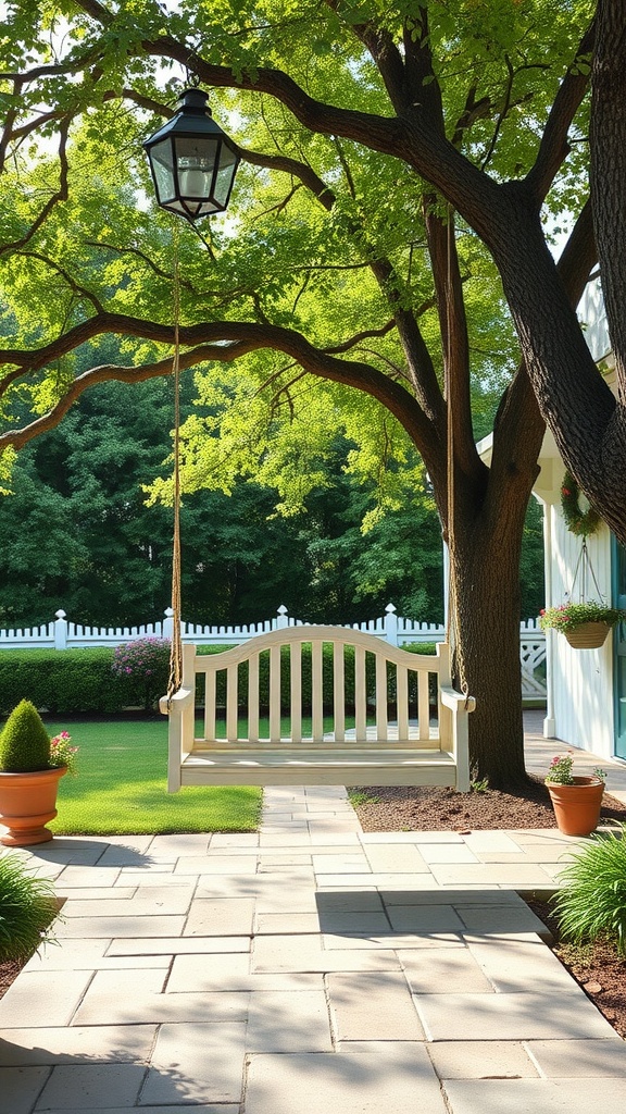 A peaceful garden swing hanging from a tree with lush greenery around it.