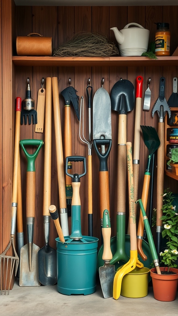 A well-organized garden tool storage area with various tools hanging on a wooden shelf
