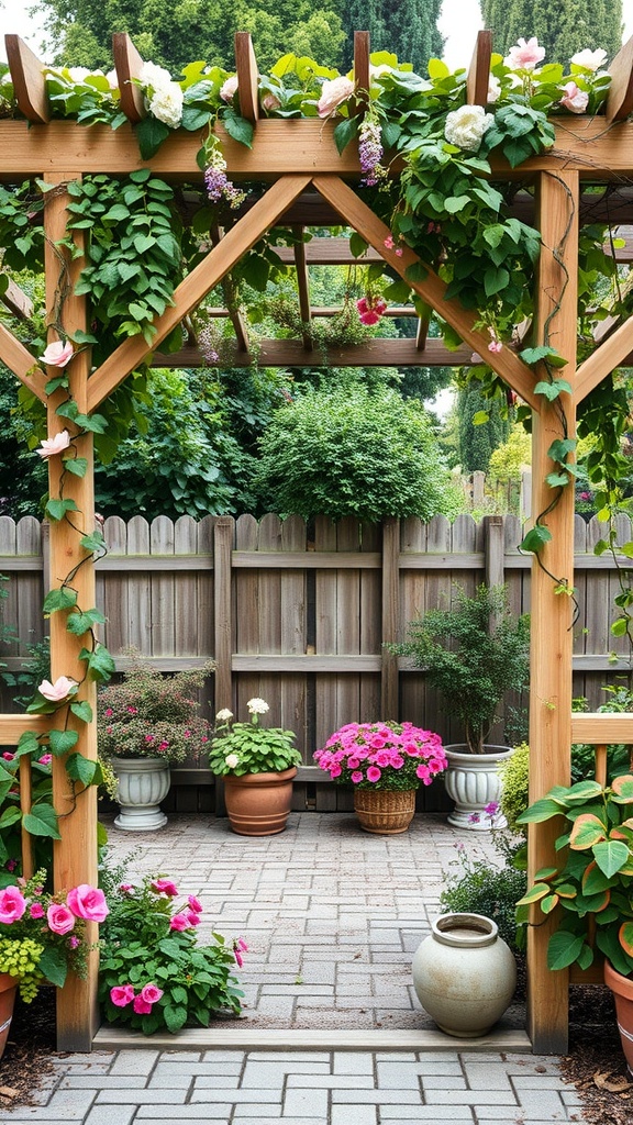 A wooden garden trellis covered in colorful vines and flowers, leading to a charming garden area with potted plants.