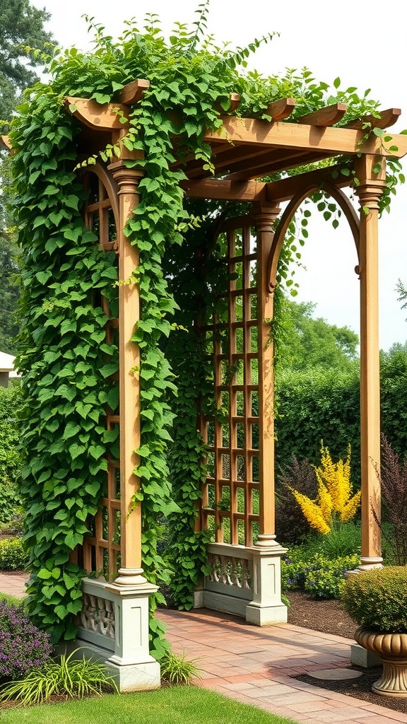 A wooden garden trellis adorned with lush green climbing plants, creating a serene garden atmosphere.