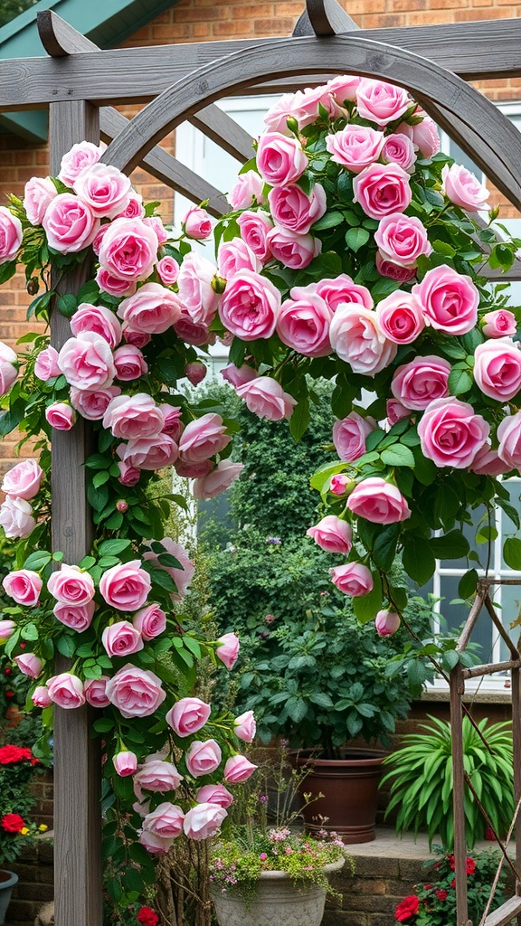 A garden trellis decorated with climbing pink roses.
