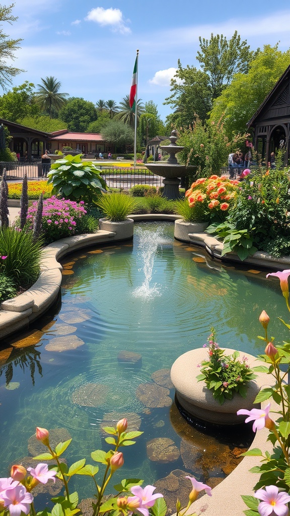 A tranquil garden with a pond and fountain, surrounded by colorful flowers and greenery.