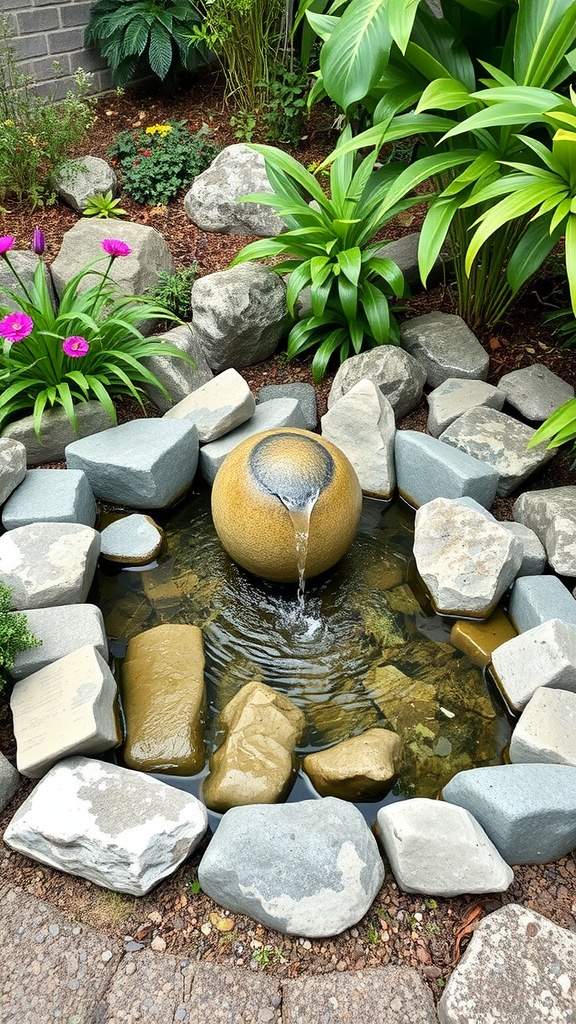 A small garden water feature with a round stone fountain surrounded by plants and rocks.