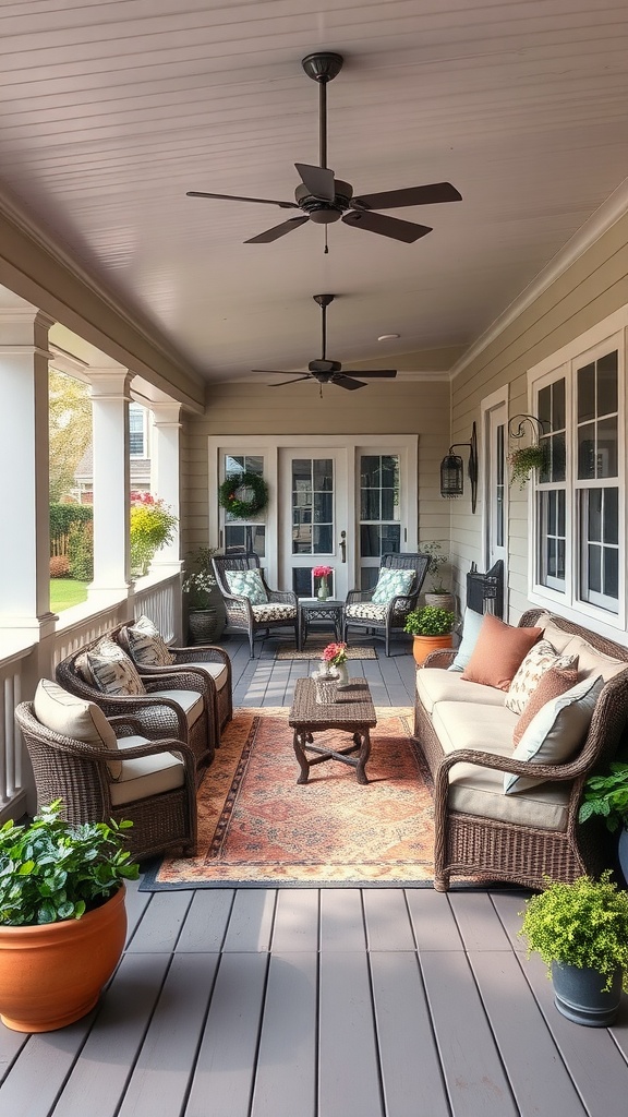 Cozy farmhouse back porch with comfortable seating, plants, and ceiling fans.