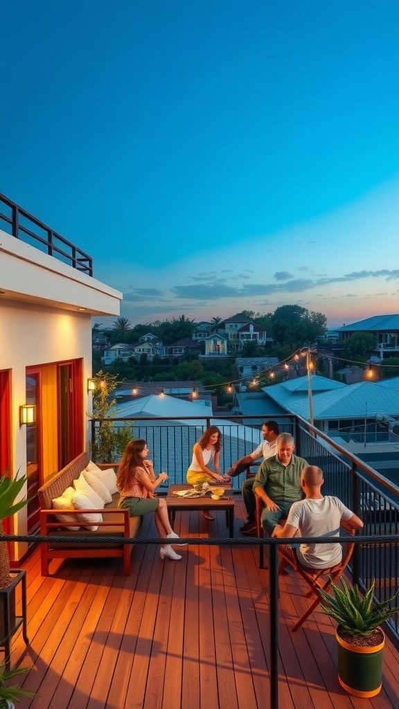A cozy balcony gathering space with friends enjoying the evening.