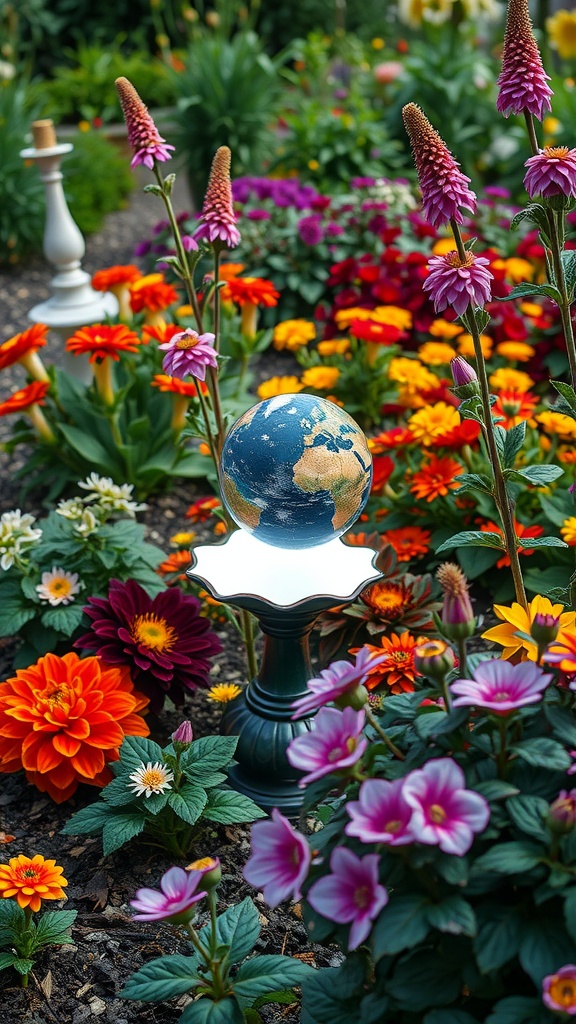 A colorful gazing ball surrounded by vibrant flowers in a garden