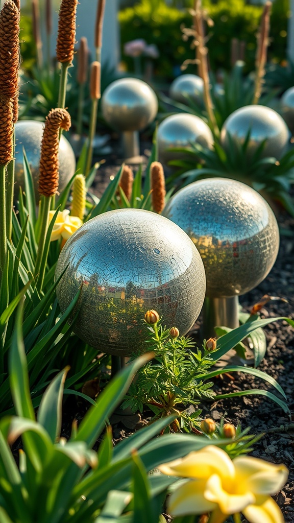 A garden scene featuring shiny gazing balls surrounded by green plants and yellow flowers.