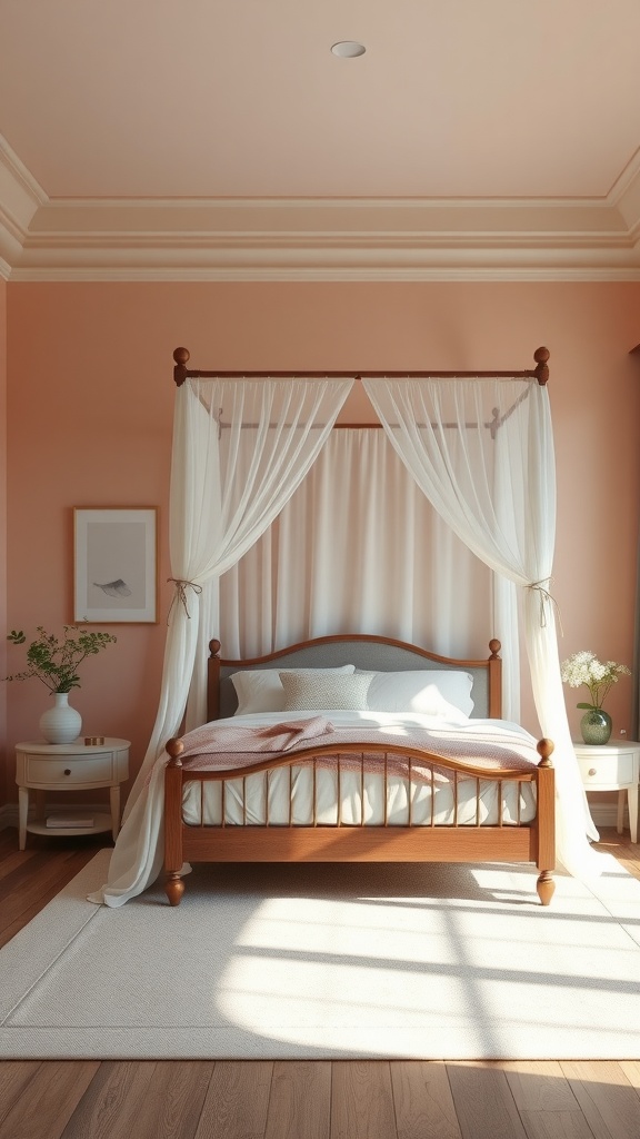 A serene boho bedroom featuring a canopy bed with light curtains, soft coral walls, and natural decor elements.