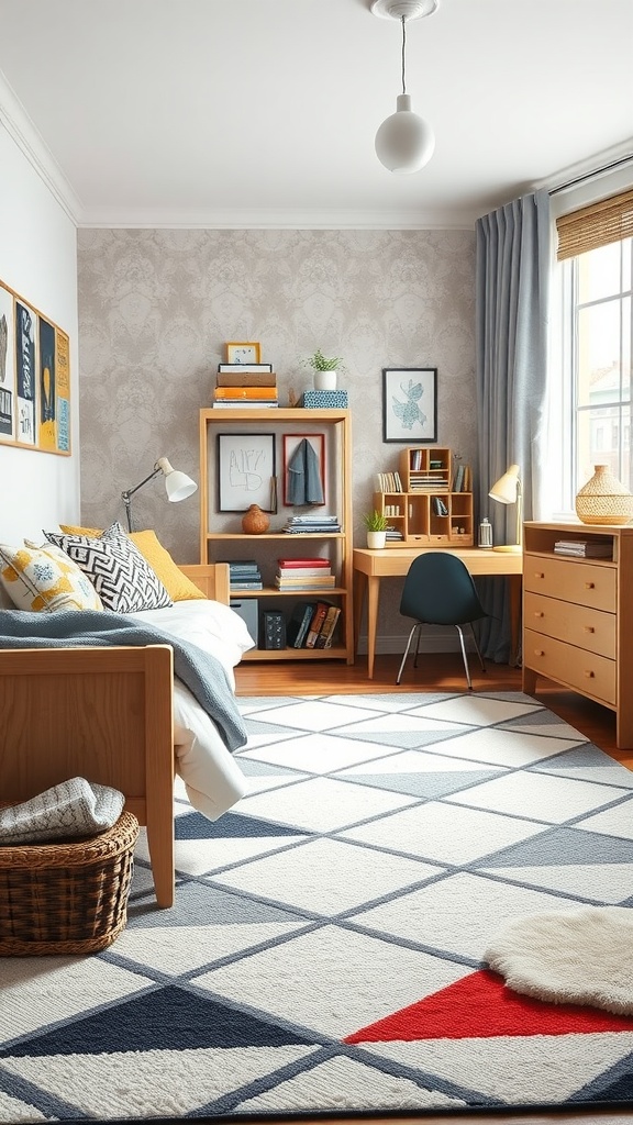 A boy's bedroom featuring a geometric patterned rug with a mix of triangles and rectangles in muted colors.