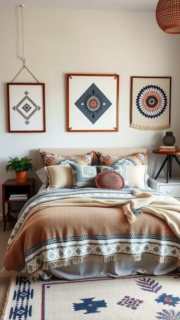 A cozy bedroom featuring geometric patterned wall art and bedding in warm tones.