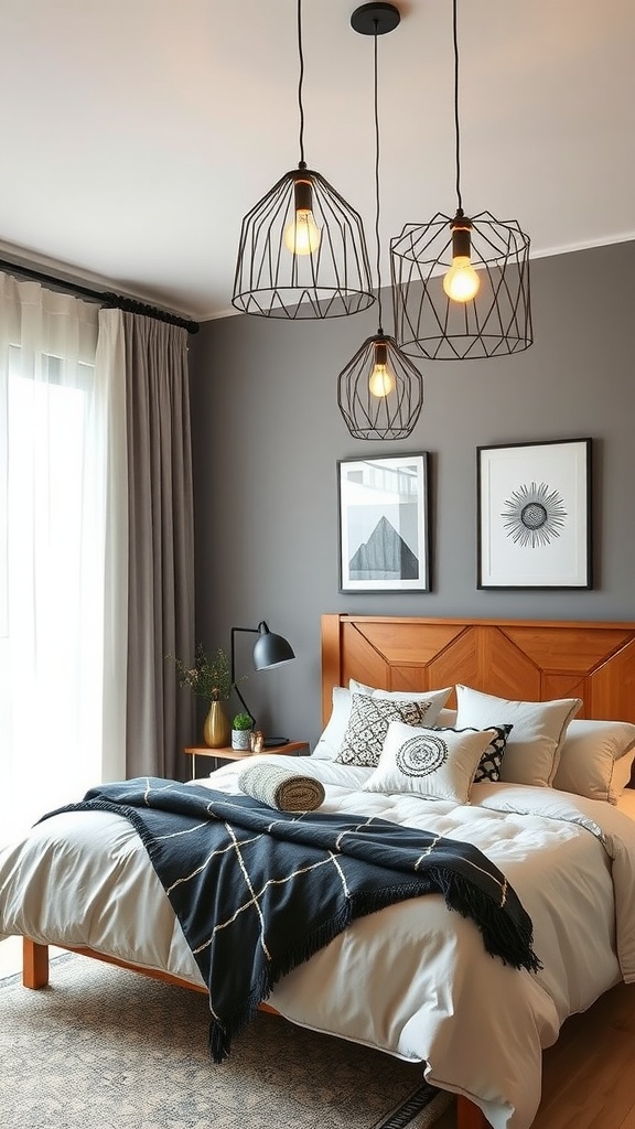 A cozy boho bedroom with geometric wire pendant lights hanging above a wooden bed, featuring decorative pillows and a plant.