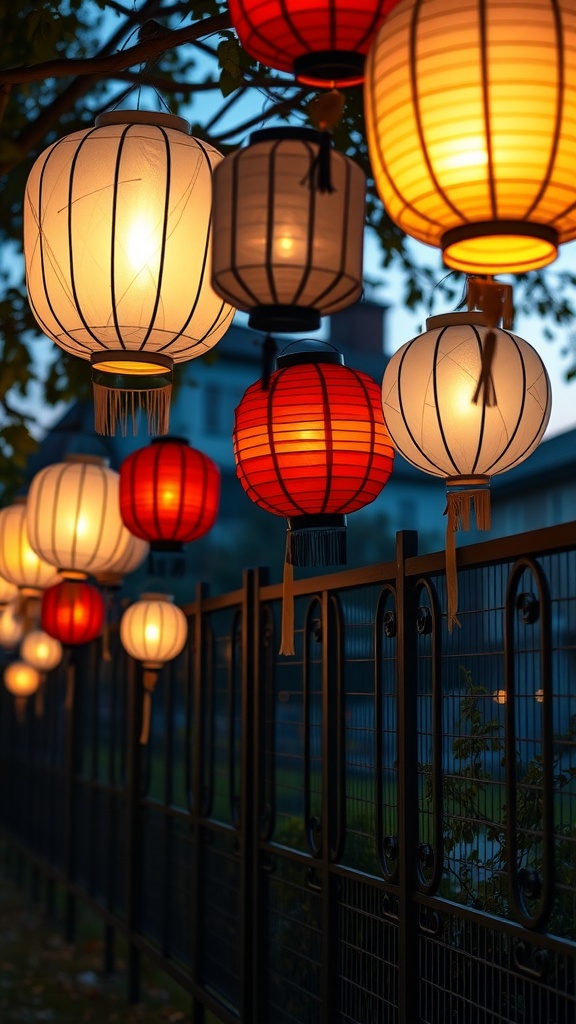 Colorful giant paper lanterns hanging along a garden fence