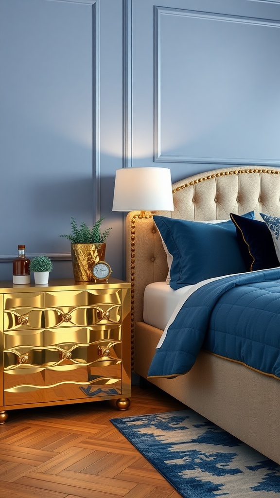 Glamorous gold nightstand beside a blue and beige bed.