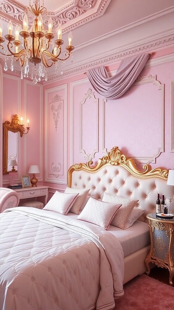 A glamorous pink bedroom suite featuring a plush bed, elegant chandelier, and ornate decor.