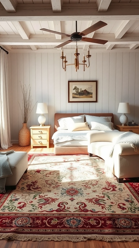 A cozy farmhouse bedroom with a glamorous area rug featuring intricate patterns.