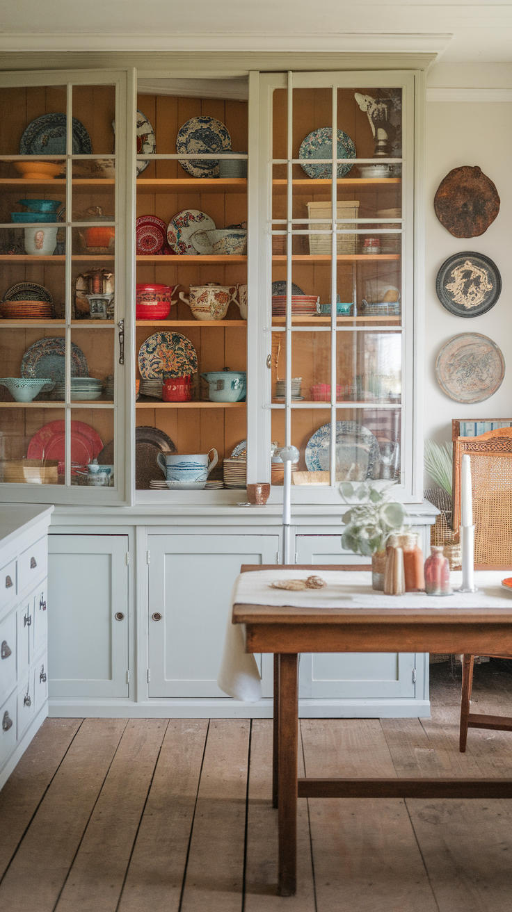A beautiful glass-front cabinet displaying colorful dishes and decorative items.