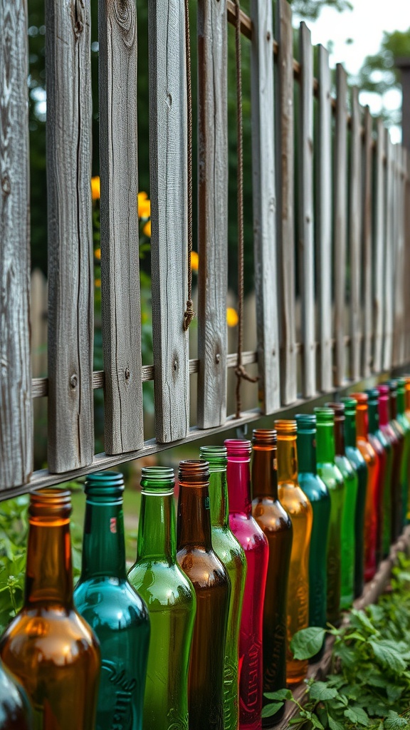Colorful glass bottles arranged along a wooden fence in a garden