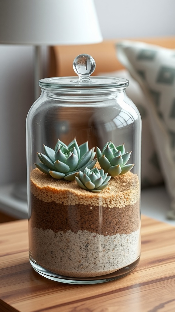 A glass jar terrarium with layers of sand and succulent plants.