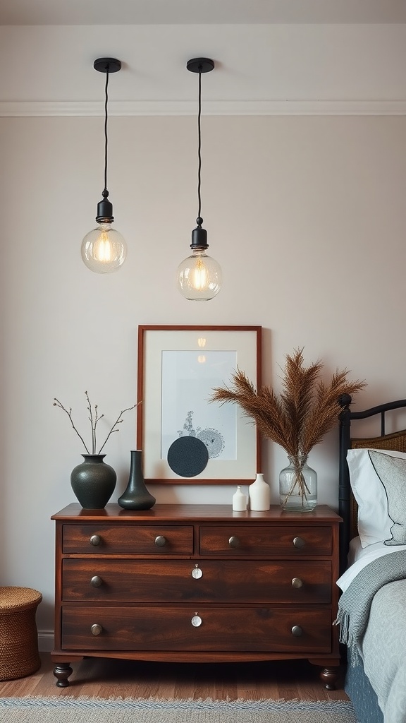 A cozy boho bedroom with glass pendant lights above a vintage dresser.