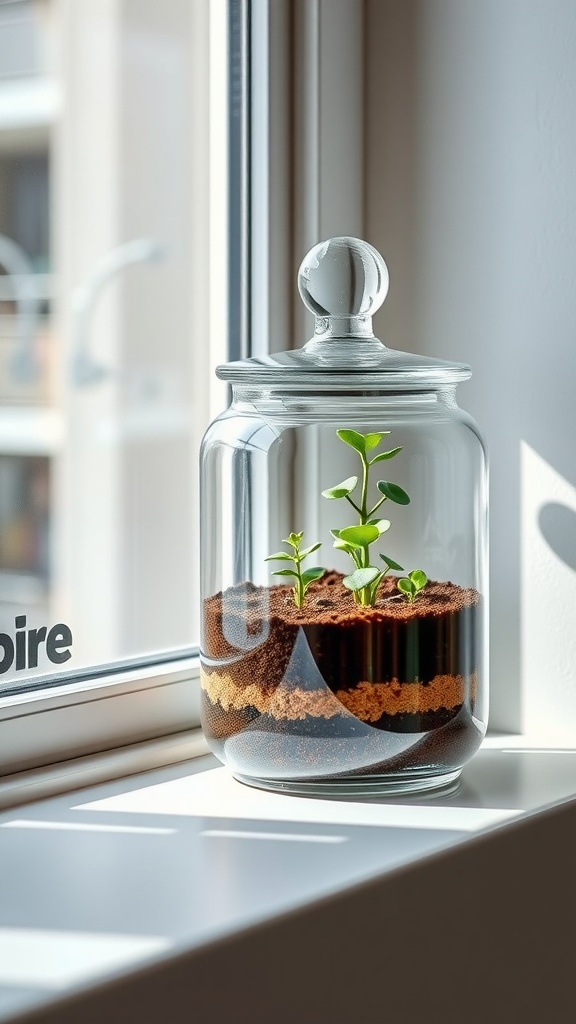 A glass terrarium planter with green plants and layered soil, placed on a windowsill.