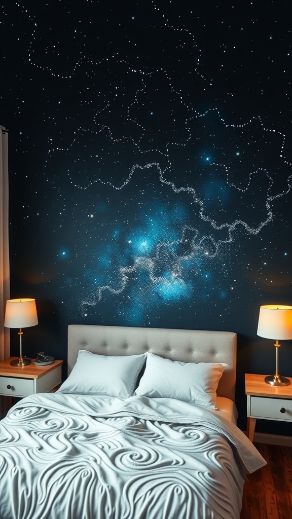 A cozy bedroom with a starry night sky mural on the wall, featuring a comfortable bed with white bedding and bedside lamps.