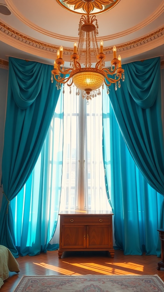 A beautifully styled bedroom featuring a golden chandelier and blue drapes, creating a warm and inviting atmosphere.