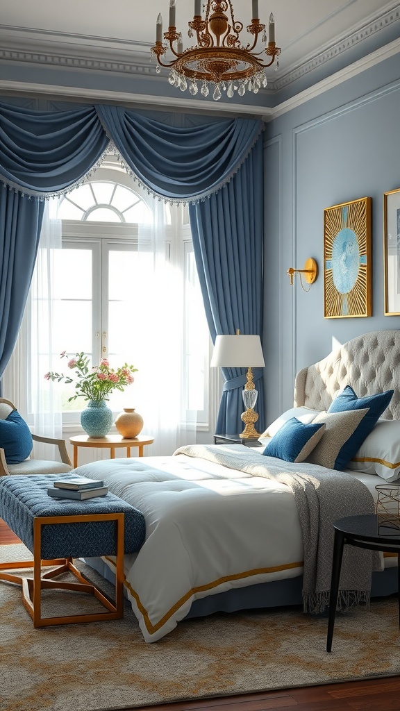 A stylish blue and gold bedroom featuring elegant curtains, bedding, and decorative accessories.