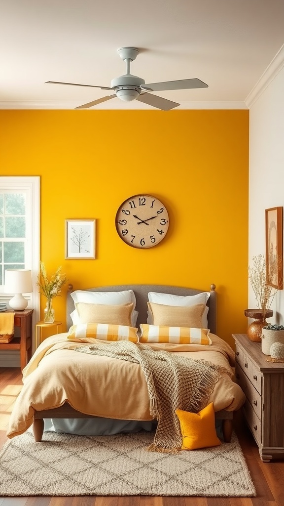 A cozy bedroom featuring a golden yellow accent wall, gray bed, and rustic decor.