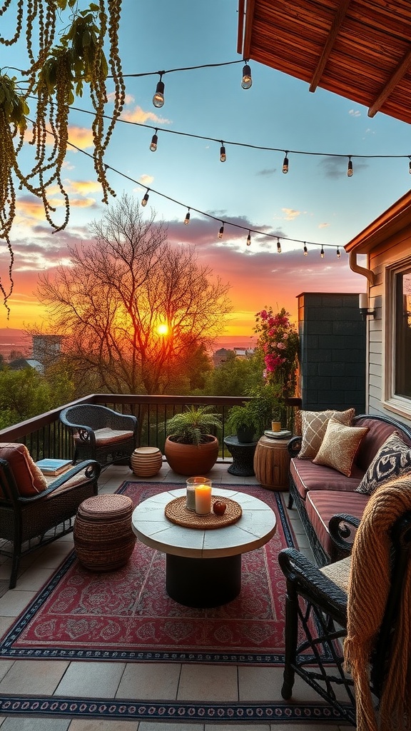 A cozy bohemian patio with a sunset view, featuring string lights, potted plants, and comfortable seating.