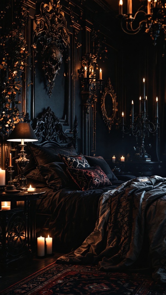A gothic-inspired bedroom with a black bed, candlelit decor, and vintage portraits.