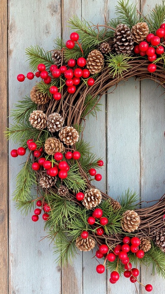 Grapevine wreath adorned with pinecones and red berries