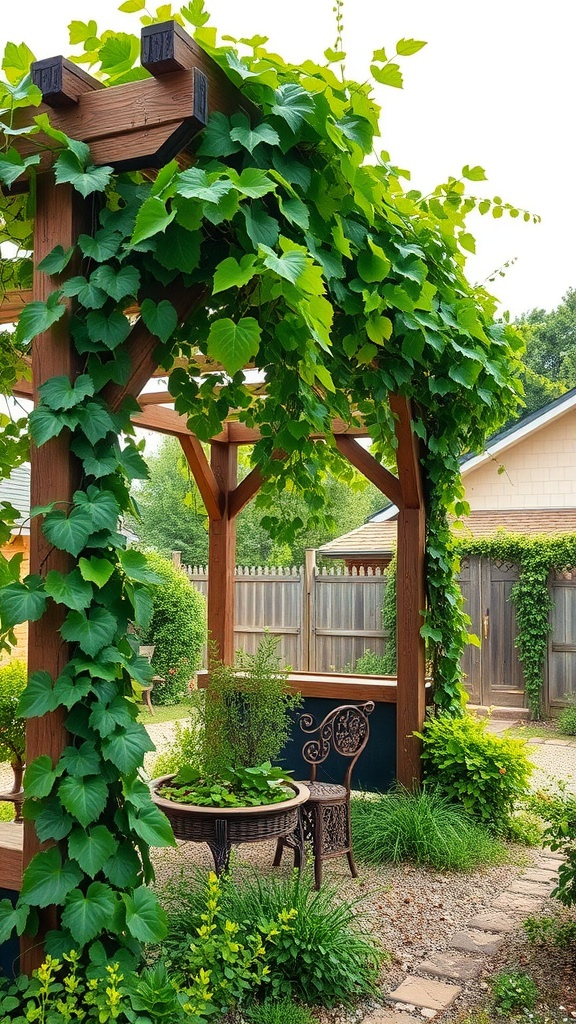 A pergola covered with lush grapevines, featuring a small round table and chair beneath it in a cozy garden setting.