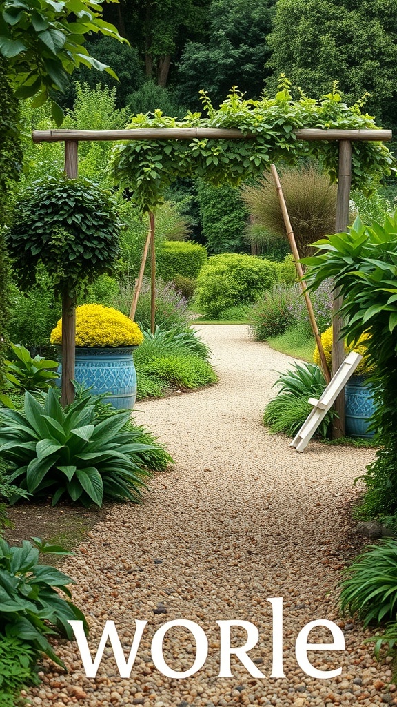 Gravel path winding through a lush garden with greenery and decorative pots.