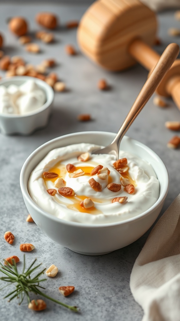 A bowl of Greek yogurt topped with nuts and honey, with a wooden dumbbell in the background.