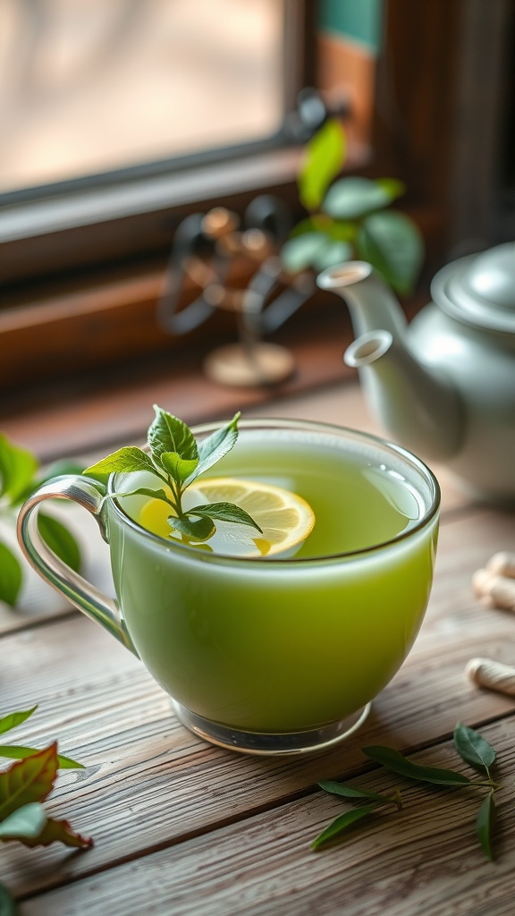 A cup of green tea with lemon slices and fresh tea leaves, placed by a window.