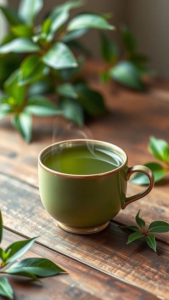 A cup of green tea on a wooden table surrounded by green leaves