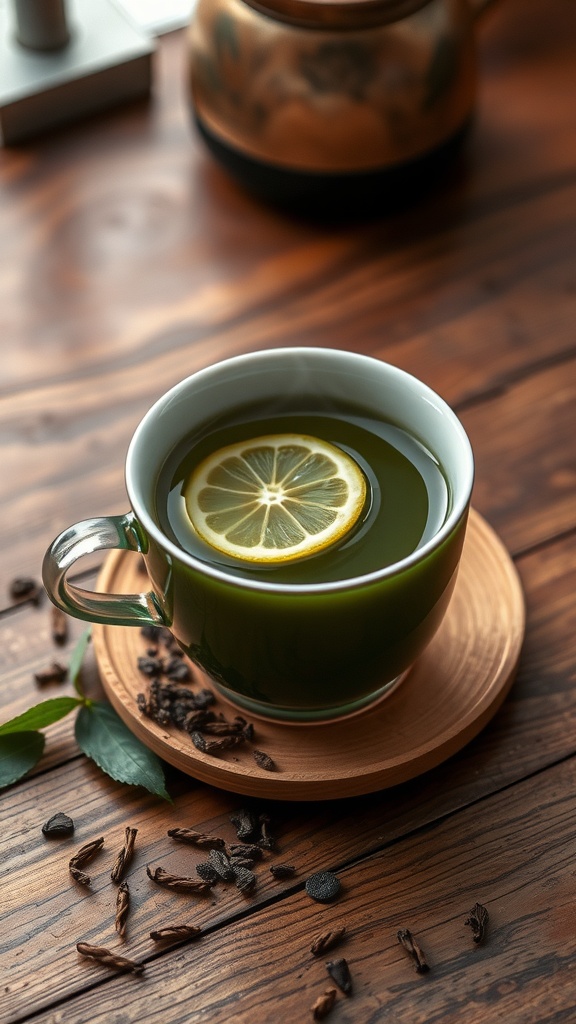 A cup of green tea with a slice of lemon on a wooden surface, with loose tea leaves nearby.