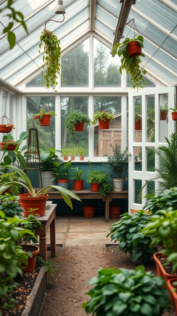 A cozy greenhouse filled with various potted plants and greenery, featuring a light-filled interior and hanging baskets.