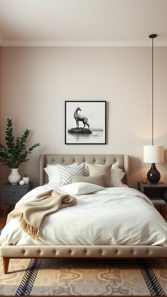 Stylish neutral bedroom featuring greige walls, a beige tufted bed, and natural decor elements.