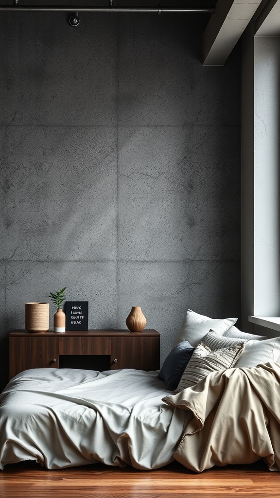 A bedroom featuring a gritty industrial accent wall with a textured concrete finish, complemented by wooden furniture and soft bedding.