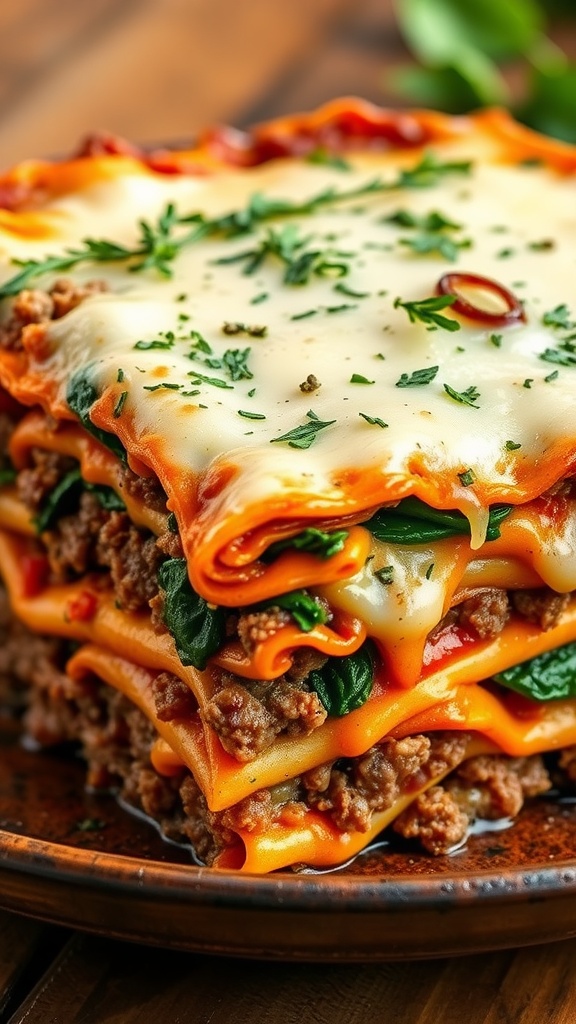 A delicious serving of ground beef and spinach lasagna with layers of cheese and marinara sauce.