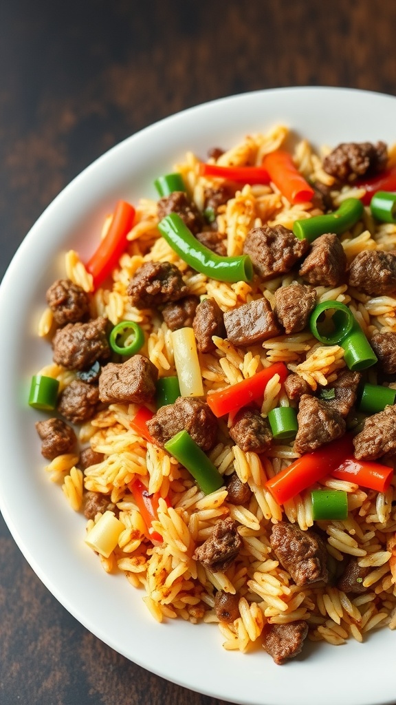 A plate of ground beef stir-fried rice with colorful bell peppers and green onions.