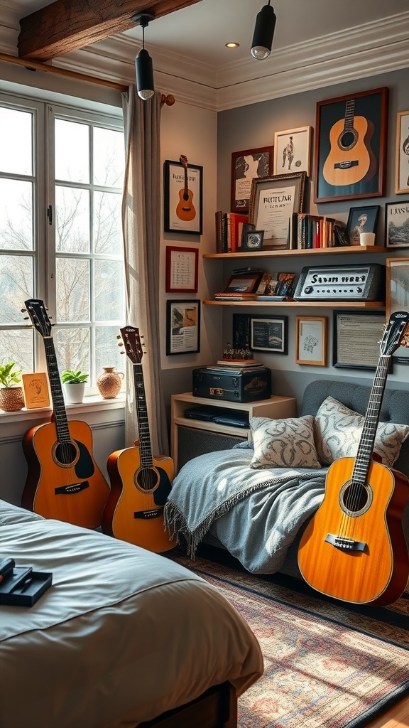 A teenager's bedroom featuring a cozy guitar corner with multiple guitars, warm lighting, and music-themed decor.