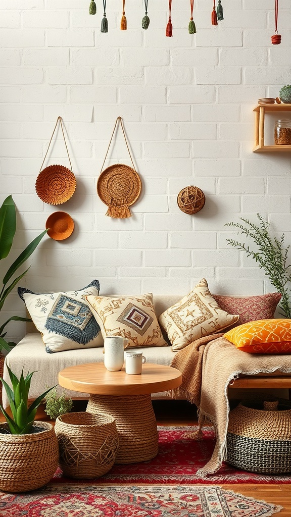 A cozy seating area featuring colorful pillows, a wooden table, and woven baskets in a bohemian style.