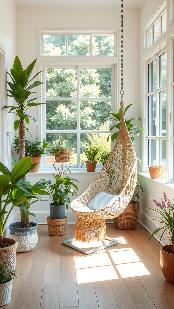 A cozy hammock chair surrounded by vibrant indoor plants in a sunroom.