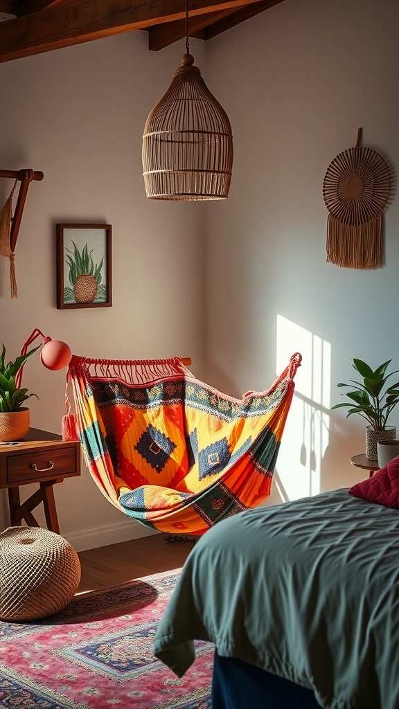 Colorful hammock chair in a boho style bedroom corner with warm decor elements.