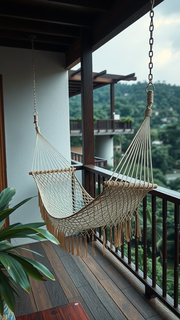 A cozy hammock hanging on a balcony surrounded by greenery, inviting for relaxation.