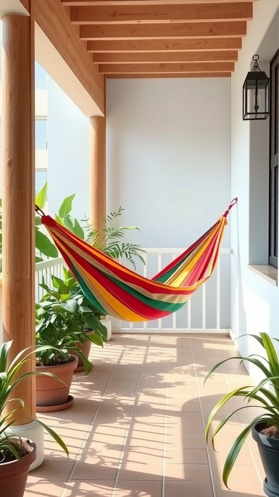 A colorful hammock hanging on a balcony surrounded by potted plants.