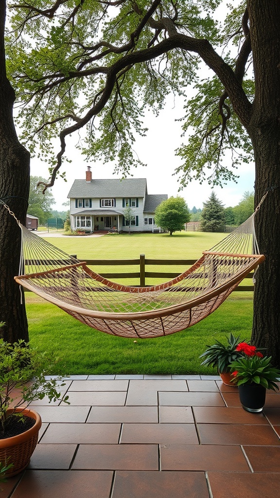 A hammock hanging between two trees on a spacious lawn with a farmhouse in the background.